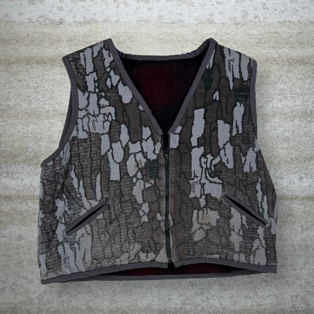 Vintage 90s Rebark Camo Vest Mens XL Plaid Lined Full Zip Tree Bark